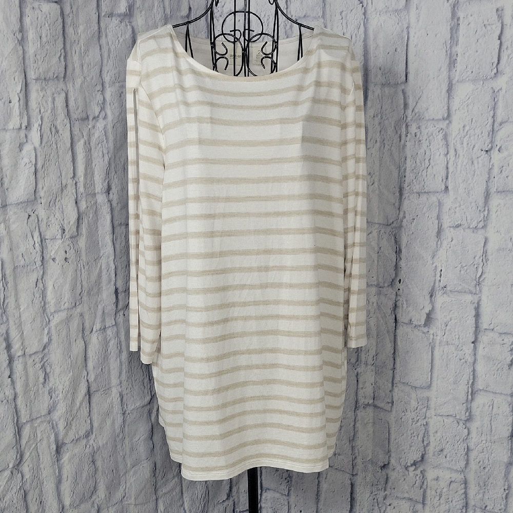 Chico's Zenergy Striped Cream/Tan 3/4 Sleeves Tunic Top Large NWT‎